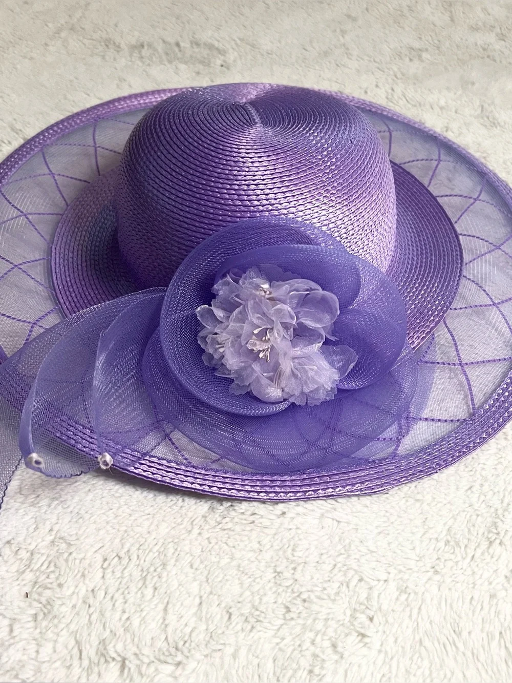 Vintage Lord & Taylor Lavender Purple Wide Brim Floral Fascinator Derby Hat